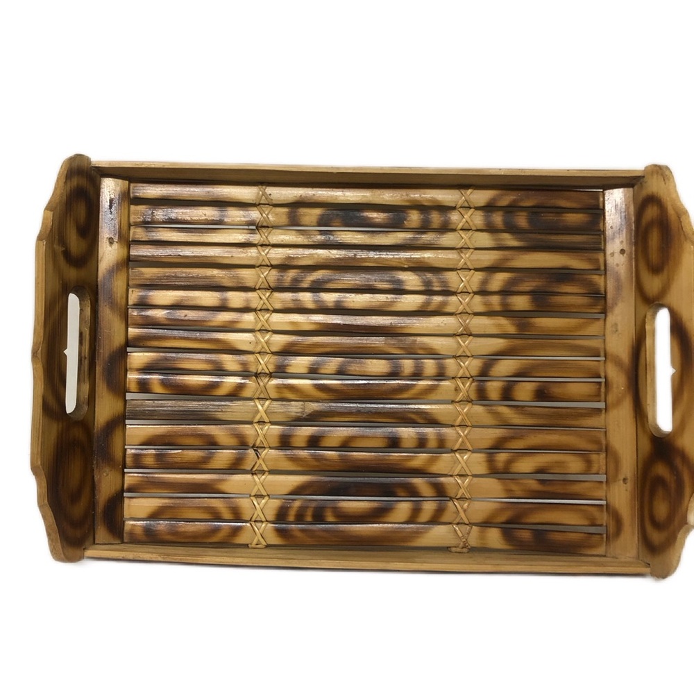 Bamboo Split Serving Tray 14 Inches with Handles Boho Cottage Core